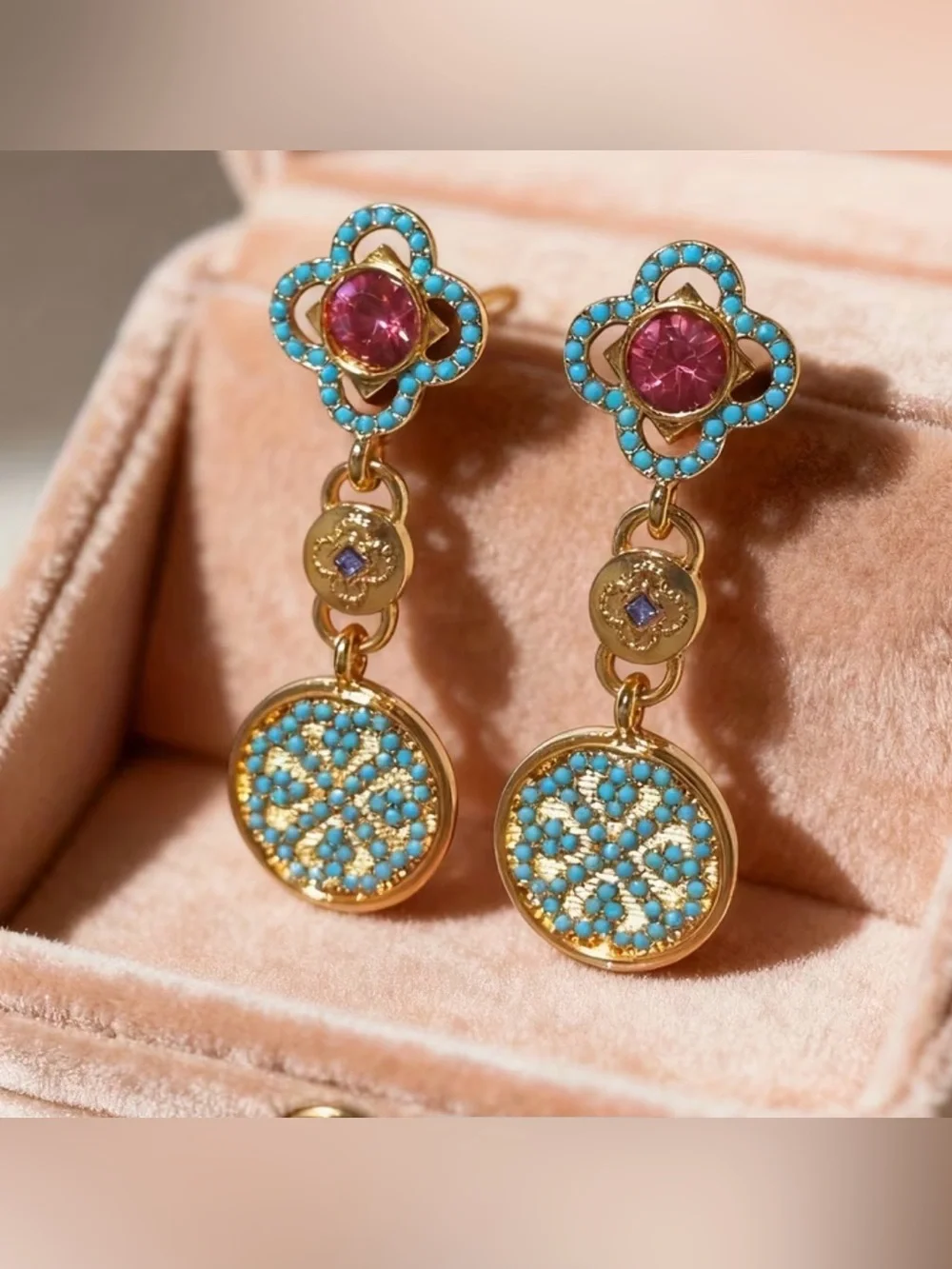 Western Earrings Gold-Tone Turquoise & Pink Drop Earrings - Women's Jewelry